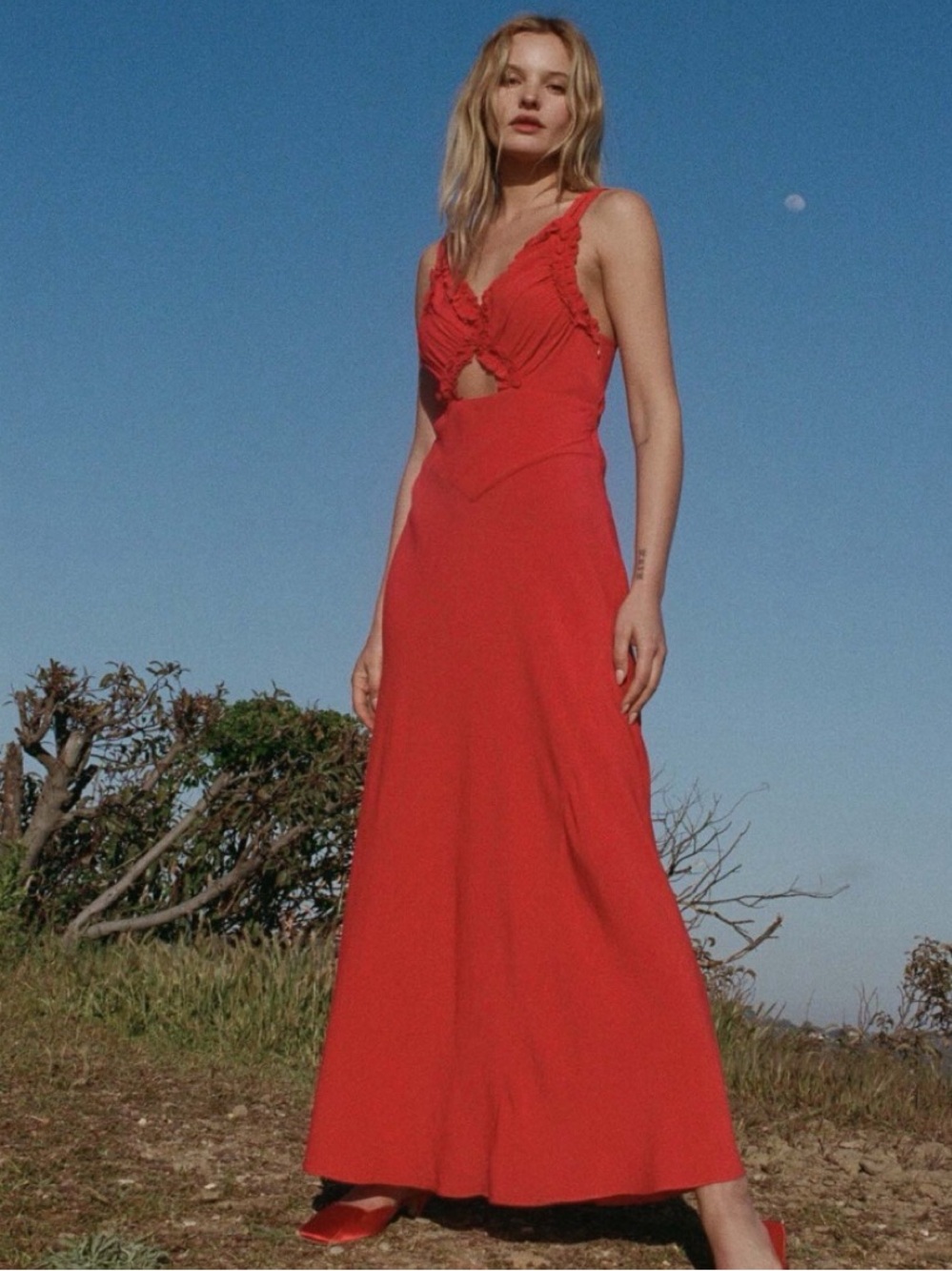 Doen • Amoretta Cut Out Viscose Maxi Dress Tigerlilly Red XS NWT